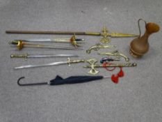 ORNAMENTAL SWORDS, a pike staff, vintage umbrella, novelty pistol cigarette lighter, brass