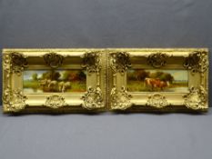 J BONILLE oil on canvas, a pair - 'cattle' and 'sheep', both signed, 10 x 25cms, in ornate