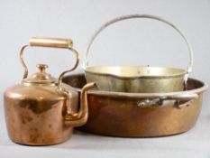 BRASS & COPPERWARE - jam pan with iron handle, copper pan, 45cms D and a copper kettle