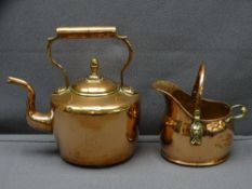VINTAGE BRASS ITEMS - copper kettle and a miniature coal scuttle