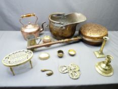 GOOD PIERCED COPPER CHESTNUT ROASTER, Victorian copper kettle with glass handle and a selection of