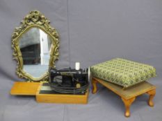 FOOT STOOL with tapestry top, a fancy wall mirror and a vintage Singer sewing machine