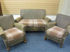VINTAGE THREE PIECE SUITE comprising compact re-upholstered leather sofa with stud detail and tartan