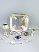 SMALL SILVER - a quantity with an Art Deco plated stand to include a three piece condiment set,