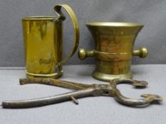 EARLY 18TH CENTURY LEAD BRONZE TWO HANDED MORTAR and a pair of 18th Century steel sugar cutters ETC