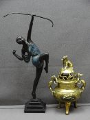 BRASS THREE FOOTED LIDDED SENSOR and a classical style bronze figure on a stepped square base, 45cms
