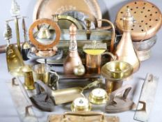 COPPER & BRASSWARE including fire irons, warming pan, chargers, tankards, door furniture ETC