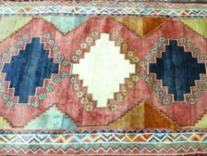 IRAN 100% WOOL PILE RUG - multi-coloured central block pattern and multi-bordered edge, 191 x