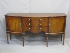REPRODUCTION MAHOGANY SIDEBOARD with bow front, three central drawers flanked by cupboards, 96cms H,
