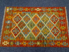 VEGETABLE DYE WOOL CHOBI KELIM RUG - multicolour diamond central block with a single patterned