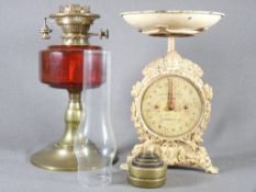 VINTAGE HOUSEHOLD KITCHEN SCALES NO 49 with accompanying weights and brass based oil lamp with a