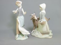 LLADRO - figurine of a bonneted girl feeding geese and another girl with a goat