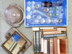 ANTIQUE GLASSWARE, stoneware crock pot and lid, dressing table mirror and assorted books (a parcel)