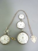 THREE OPEN FACE POCKET WATCHES and a wrist watch, the pocket watches all key wind, one with attached
