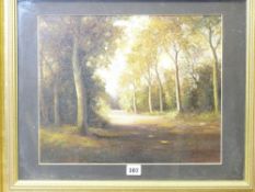 OIL ON BOARD - path through the woods, indistinctly signed, 32 x 39cms
