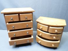 TWO VINTAGE PINE MINIATURE APPRENTICE CHESTS OF DRAWERS