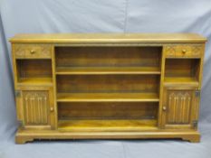 OLD CHARM OPEN BOOKCASE with side cupboard doors and upper drawer, 88cms H, 151cms W, 27cms D