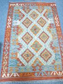 VEGETABLE DYE WOOL CHOBI KELIM RUNNER - central repeat diamond block pattern with double bordered