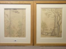 MERRYL WATTS mixed media, a pair - 'Portmeirion', signed