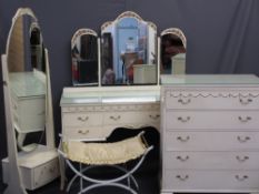FRENCH STYLE BEDROOM FURNITURE - narrow chest of five drawers, dressing table, cheval mirror with