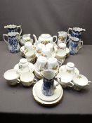 FIVE GRADUATED BLUE & WHITE JUGS with a fruit decorated continental part teaset and other teaware