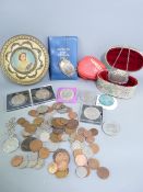 VINTAGE COINS, commemorative crowns and two silver labels for sherry and gin