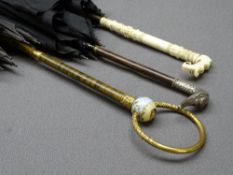 FRENCH SILVER DUCK HEAD HANDLED PARASOL, a carved bone handled 19th century parasol and a painted