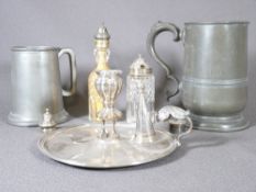 ELECTROPLATE CANDLE HOLDER WITH SNUFFER, silver topped condiment pots and pewter tankards