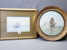 CIRCULAR MARINE PAINTING ON MILK GLASS, initialled E H, 28cms diameter and another marine