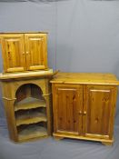 ANTIQUE PINE OPEN CORNER CUPBOARD with shaped shelves, modern pine two door cupboard and a pine
