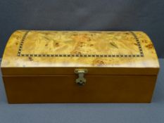 WOODEN JEWELLERY BOX with dome top and inlay effect decoration and good interior with removable