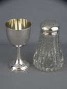 SILVER TOP CUT GLASS SUGAR CASTER with a continental silver wine goblet, Birmingham 1921, maker G