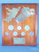 FALKLAND ISLANDS COMMEMORATIVE PLAQUE OF COINAGE and map