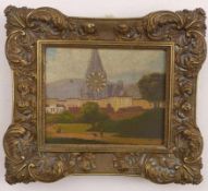 Miniatur-BilderuhrUm 1900Stadtansicht mit Blick auf eine Kirche mit römischem Zifferring und