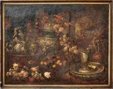 PrunkstilllebenItalienischer Meister, 2. H. 17. Jh.Opulente Tafel mit Blumen und Silbergerät in