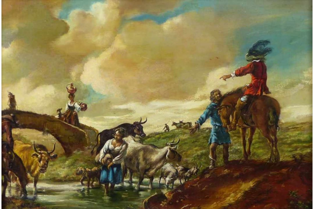 Berchem, Nicolaes - Nachfolger des 19. Jh.Hirten mit ihren Tieren an einem Bach mit Kavalier zu - Bild 1 aus 2