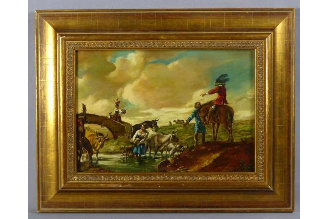 Berchem, Nicolaes - Nachfolger des 19. Jh.Hirten mit ihren Tieren an einem Bach mit Kavalier zu - Bild 2 aus 2