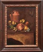 Küchenstilleben mit KupfergeschirrItalien, 17. Jh.Öl/Lwd., doubliert. 44,5 x 34 cm.