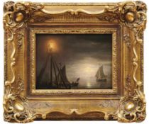 Schendel, Petrus (Pieter) vanCoast with sailboats next to a lighthouse and moon(Terheijden 1806-1870