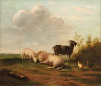 Verboeckhoven, EugèneGrazing sheep, goats and chickens(Warneton 1799-1881 Brussels) Oil/wood.