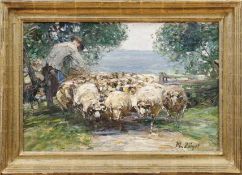 Zügel, Johann HEinrich vonSheep and their shepherd at the gate(Murrhardt 1850-1941 Munich) Oil/