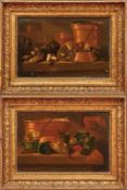Lautter, E. R.Pair of kitchen still lifes with vessels and vegetables.(Austrian painter of the