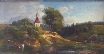 Gebhardt, Ludwig (attributed to)Hilly landscape with chapel and cows at the drinking trough(Munich