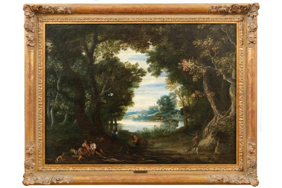 Stalbemt, Adriaen vanRiver landscape with wooded banks and figures(Antwerp 1580-1662 ibid.) At the