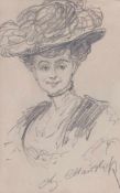 Portrait of a lady with a hatLate 19th century.Pencil drawing on paper. Signed below ''Ch.