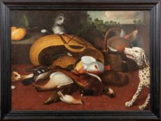 Large hunting still lifeFlemish master of the 17th centuryDog and cats argue over a basket of hunted
