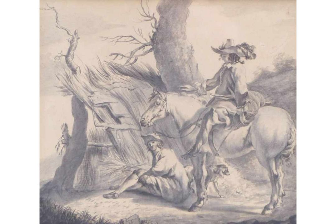 Berchem, Nicolaes - attributed toRider with farmer sitting in front of a cabin(Haarlem 1620-1683 - Bild 1 aus 3
