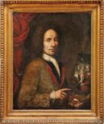 Self-portrait of a painter in front of the easel18th century.With palette and brush in hand,