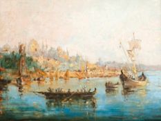 The busy harbour of Istanbul with a view of the Hagia SophiaImpressionist of the late 19th