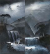 Two moonlight landscapes2nd half of the 19th centuryGouache on paper, mounted on cardboard. 27 x